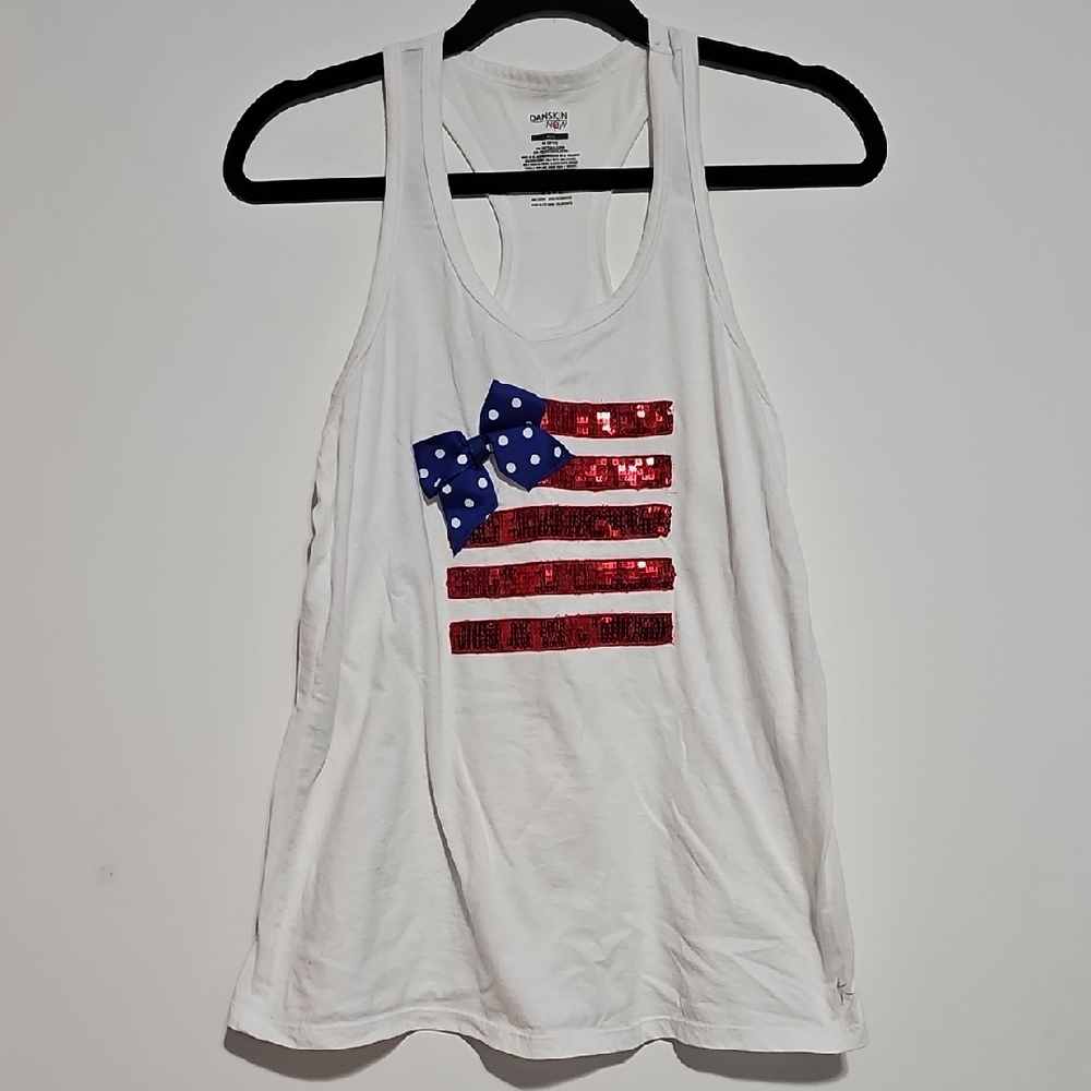 Handmade White Tank Top Red Sequin Blue Bow American 4th Of July Sz Medium Cheer